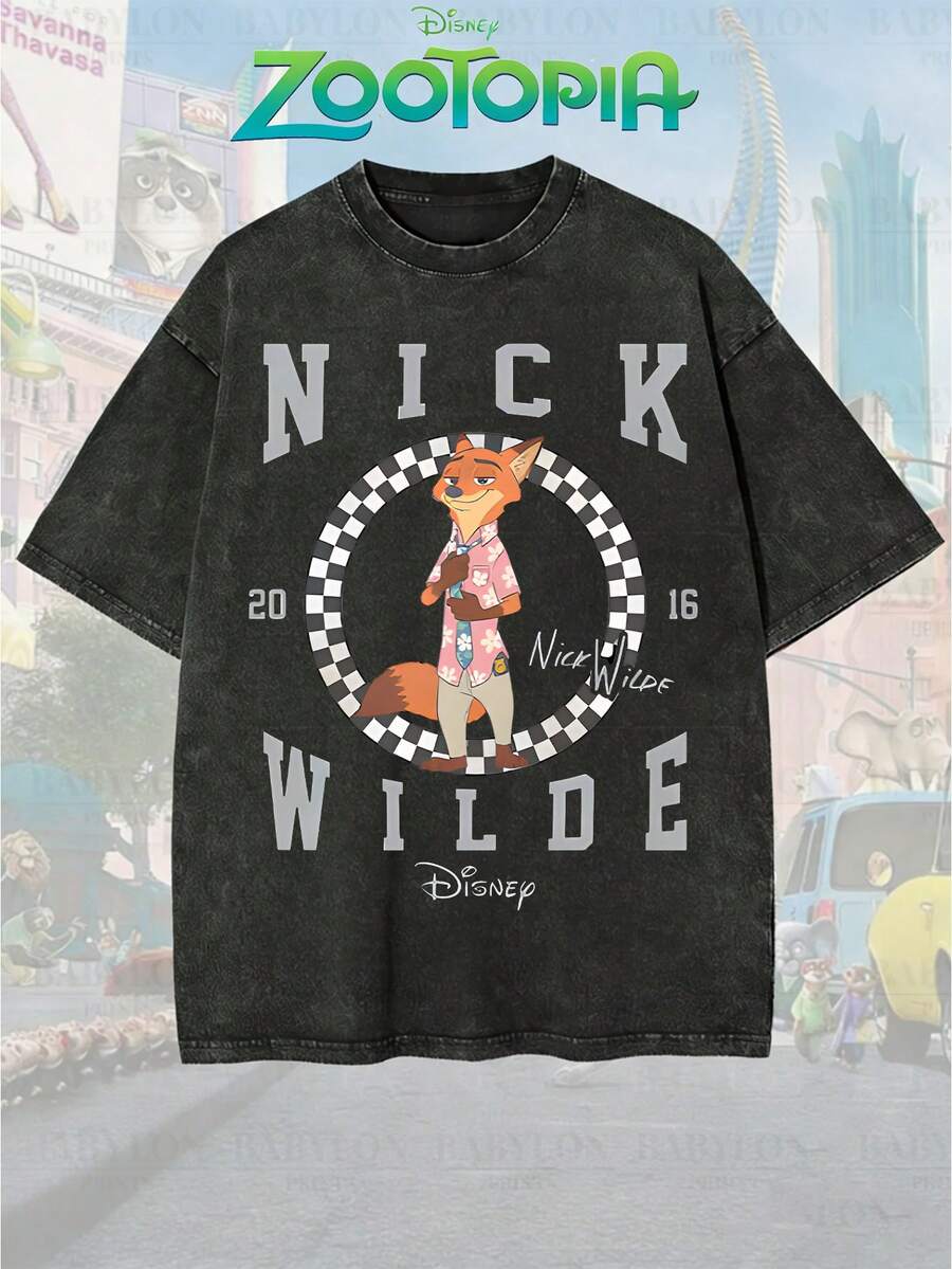 Disney Official Licensed Zootopia Nick Wilde 2016 Varsity Print Vintage Wash 230g Cotton Crew Neck Unisex Tee - màu đen - Xem 1