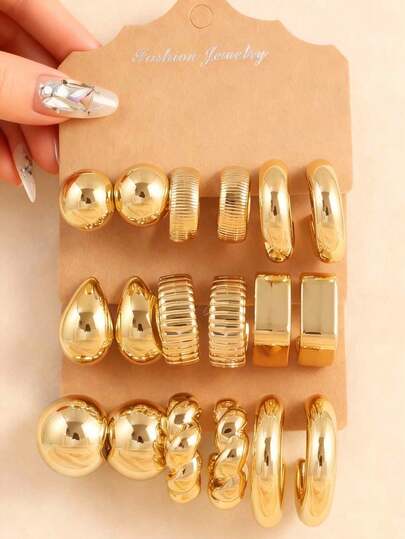 6-18pcs New Stylish Versatile Lightweight Assorted Designs Including Round Beads, Twist Hoops, C-Shaped, Teardrop CCB Earrings For Women, Suitable For Daily Wear All Year Round, Low Allergy