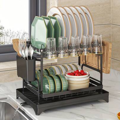 Over Sink Dish Drying Rack, Multifunctional Kitchen Sink Storage Rack With Cabinet Door, Countertop Drainer Organizer, 3-Tier Sink Dish Drainer Rack With Cover, For Bowls, Cups, Dishes And Utensils