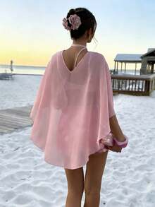 Bộ đồ nữ mùa xuân/hè tay cánh dơi cổ chữ V đính sequin, size tiêu chuẩn, màu hồng, thích hợp cho kỳ nghỉ. - Hồng - Xem 3