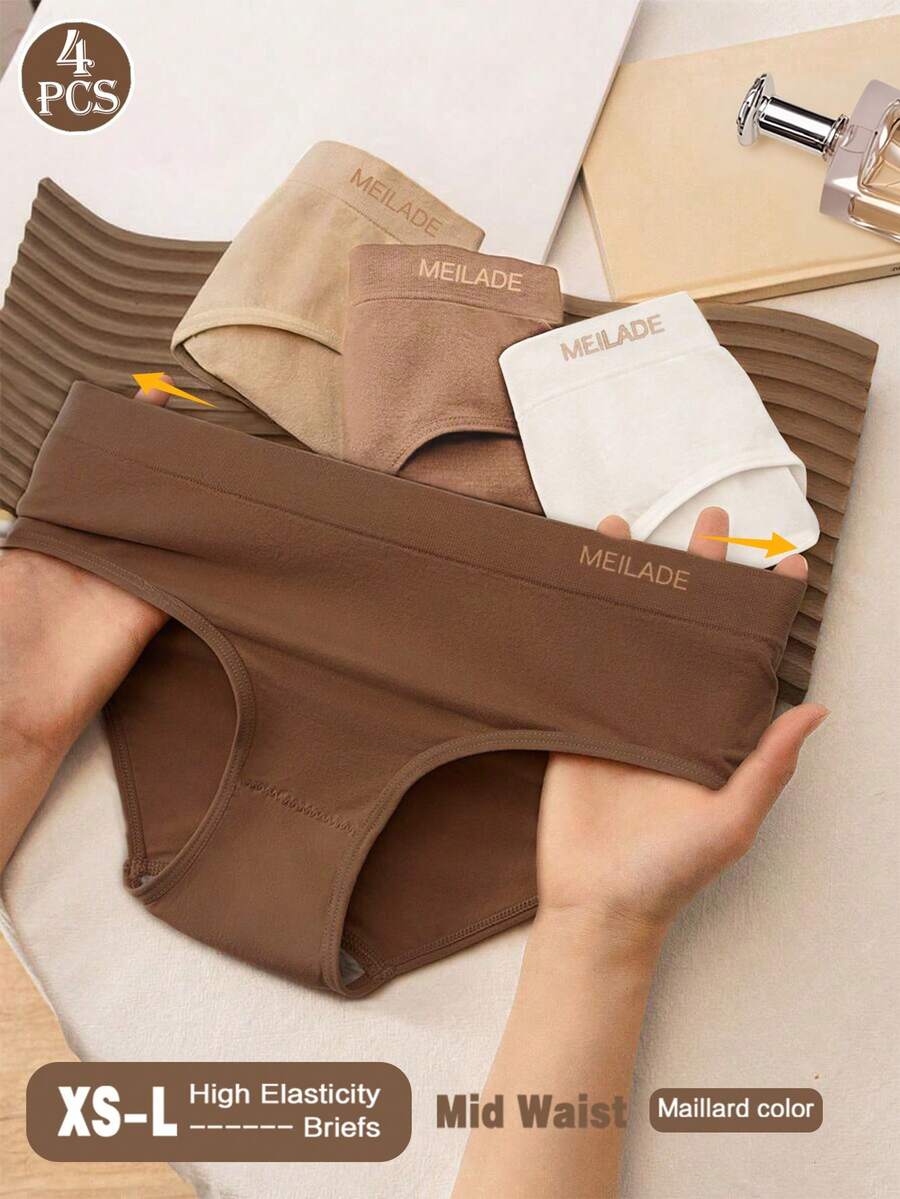 4pcs/Pack Seamless Mid-Waist Panties, Maillard Color Comfortable High Elasticity Triangle Briefs - Multicolor - View 1