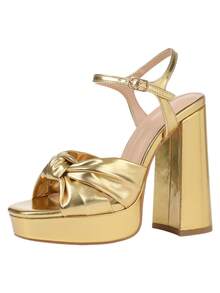 Elegant Platform Sandals For Women Summer Gold Sandals Twist Front Chunky Heel Ankle Strap Heels Detail Prom Heels Zapatos De Mujer Elegantes - 金色 - 查看 2