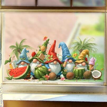 Dwarf And Watermelon Coconut Ice Cream Pattern Sticker, Summer Garden Theme Sticker, Self-Adhesive Removable Home Window Decoration, Seasonal Decorative Sticker
