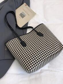 Houndstooth Large Capacity Shoulder Bag, Fashionable Minimalist Tote Bag, Versatile For Commuting And Daily Use - Black - View 7