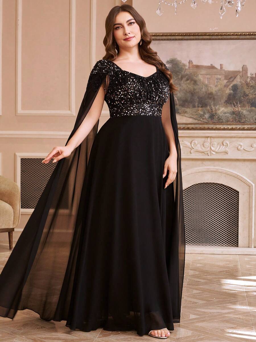 SUPGIR 甜心领奢华流苏串珠亮片雪纺拼接连衣裙 - 黑色 - 查看 1