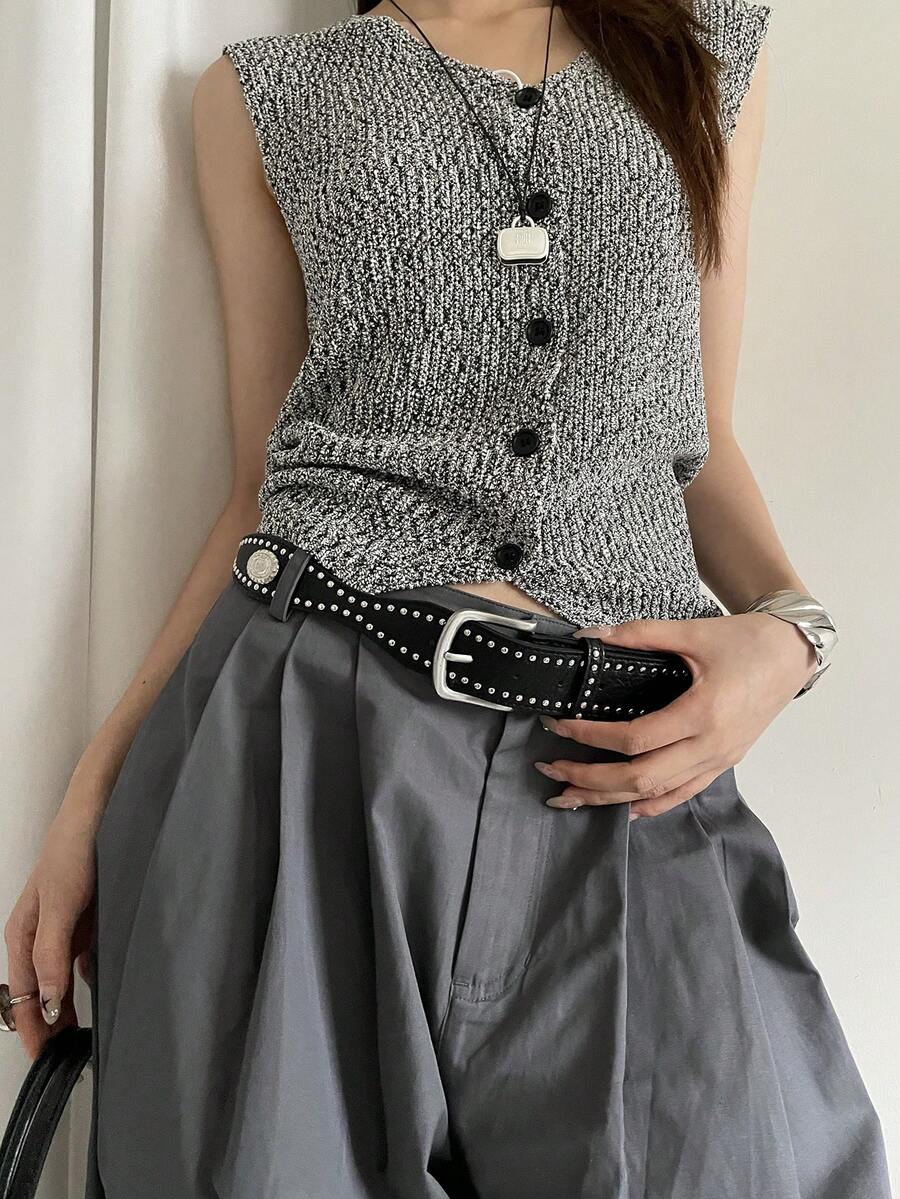 1 chiếc thắt lưng da PU kiểu cổ điển Bohemian trang trí đinh tán - màu đen - Xem 1