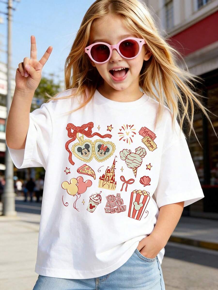 Disney Summer Tops,Disneyland Graphic Tee, Perfect For Cute Girls. Teen Girl Gift,Comfortable And Breathable Children's Short-Sleeved T-Shirt. 180g Pure Cotton Children's Clothes,Suitable For Both Boys And Girls.Suitable For Daily Wear, Vacations, Outdoor Activities, And As A Children's Gift. - 白色 - 查看 1