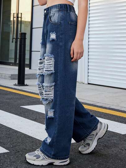 Tween GirlsY2K Casual Street Style Vintage Distressed Loose Wide Leg Jeans With Pockets, Suitable For Spring, Summer, Autumn