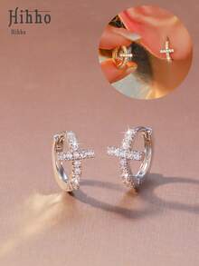 Hihho 1 Pasang Anting Klasik Berbentuk Salib, Sepenuhnya Bertatahkan Batu Zirkonia Berkilau Tinggi, Desain Minimalis Elegan Cocok Untuk Segala Acara, Anting Jepit Telinga Kecil yang Halus Untuk Bepergian & Pemakaian Serbaguna - menyeberang - View 1
