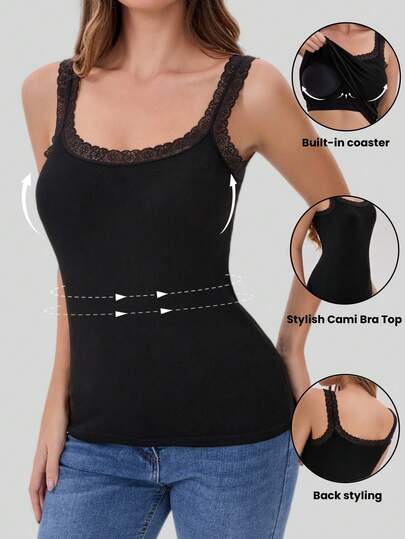 1 chiếc áo tank top thể thao/yoga không tay dành cho nữ, kiểu dáng thanh lịch, phối ren, có đệm mút, ôm sát, màu trơn, có thể mặc lót bên trong, phù hợp cho mặc hàng ngày và tập thể dục.