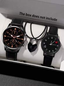 Set de 4 piezas: Cinturón casual y versátil de moda, relojes de cuarzo para pareja con collar colgante con corazón - Negro - Ver 1