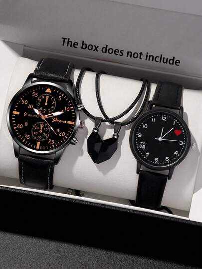 Set de 4 piezas: Cinturón casual y versátil de moda, relojes de cuarzo para pareja con collar colgante con corazón