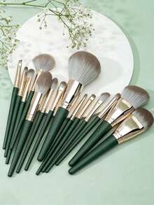 14pcs Professional Makeup Brush Set, Green Bristles, Suitable For Foundation, Blush, Eyebrow, Concealer, Liquid Mixer, Essential For Beginners And Makeup Artists - Dark Green - View 2