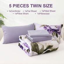 7 Piece Purple Floral Comforter Set Full/Queen/King Size Bed In A Bag, Blush Flowers Printed On Light Pink Comforter Set With Sheets, Soft Microfiber Botanical Bedding Set For Wedding Items,Home Bed Room Decor,Easter Gifts,Mothers Day Gift,All Season - Purple-090496 - 查看 7