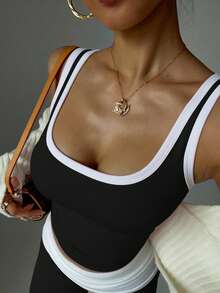 Women's Sweet Contrast Trim Yoga Tank Top Breathable Soft Stretch Sleeveless Workout Gym Fitness Activewear - Black - View 7