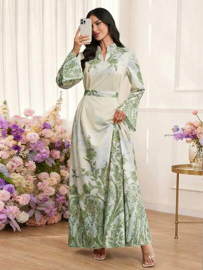 Elegant mönstrad maxiklänning - Med lös passform, utsvängda ärmar och skärp i midjan - Perfekt för vår- och sommarsemester på stranden, examensceremonier, lärardag, bröllop och evenemang