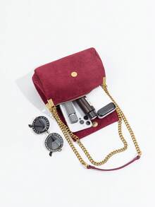 Bolso de hombro de mujer de estilo fashionable con múltiples capas de ante, bolso cruzado mini de mujer con solapa de terciopelo y cierre magnético, perfecto para combinar con abrigos en otoño/invierno, opción principal para bolsos de mujer en otoño/invierno - Burdeos - Ver 5
