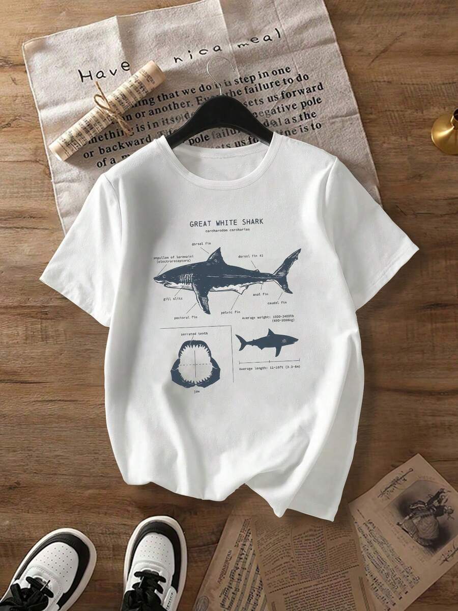 Women's 100% Cotton Shark Print Short Sleeve T-Shirt, Summer - White - View 1