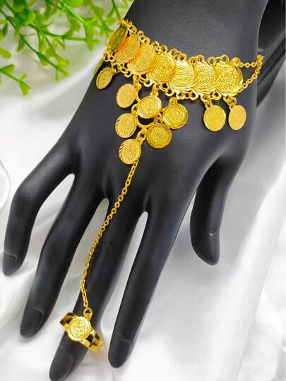 1 pieza Brazalete con moneda y borlas chapado en oro de moda para mujer, adecuado para novia saudí, europea, de Oriente Medio, de Dubái, africana, para vestido de boda, fiesta, Día de San Valentín, Día de la Madre, temporada de bodas, vuelta al cole, regalo festivo
