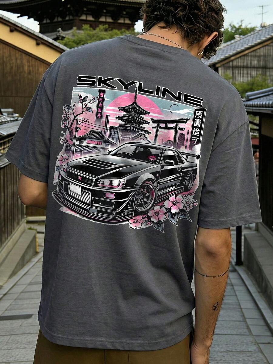 Fractyr Men's Fashionable Printed Loose Short Sleeve T-Shirt | Exquisite Design | Racing Car & Cherry Blossom Print | Summer Essential | Easy To Match, Showcase Your Style - Dark Grey - View 1