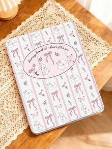 1pc Pink Striped Rabbit, Flower, Bow Painted Flat Tablet Case, Suitable For Mini4/Mini5/Mini6/Mini7/Air/Air2/9.7/10.2/10.5/Air4/Air5/10.9/Pro 11-Inch/10th Gen/ Air 11-In.(M2)-2024/ Pro11-In.(M4)-2024/Air 11-Inch (M3) 2025/ (A16) 11 Inch 11th Generation 2025, Galaxy Tab A8 10.5 Inch 2022, Built-In Pencil Slot, 3-Fold Stand, TPU Soft Edge Protection, Magnetic Sleep/Wake, Premium/Unique/Healing Design, Foldable Tablet Case With Pencil Slot - Multicolor - View 1