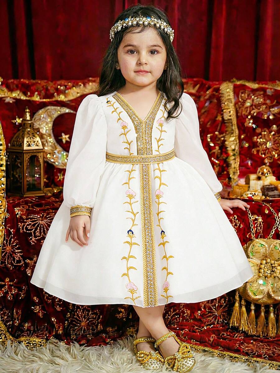 Baby Girls Long Sleeve Metallic Ribbon Embroidered Chiffon Party Dress, Suitable For Holiday Celebrations And Family Gatherings, Headband Not Included - White - View 1