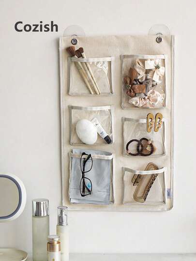 1pc Fabric Hanging Storage Bag With 6 Transparent Pockets, Over-The-Door Organizer, Wall-Mounted Sorting Storage Bag, Hanging Dorm Miscellaneous Storage, Suitable For Bedroom, Dorm And Nursery