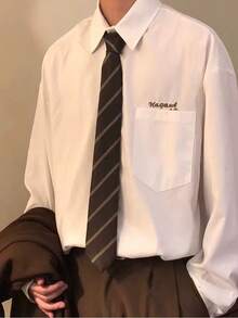 1pc Men's Coffee Striped Polyester Necktie, Collegiate Style Suitable For Daily Use - Coffee Brown - View 3