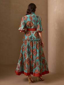 Elegant Romantic Printed & Solid Color Fabric Belt Dress, Resort Style For Women Summer - Multicolor - View 4