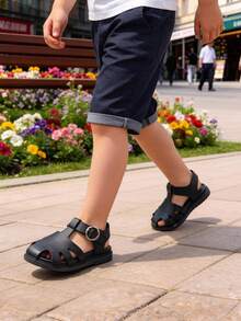 1 Pair Kids Black Fashion Sandals, Boys & Girls Non-Slip Flat Sandals, Hook And Loop Closure, Black Multi-Strap With Metal Buckle Design, Unisex, Suitable For Banquet, Party, Wedding, Vacation - Black - View 8