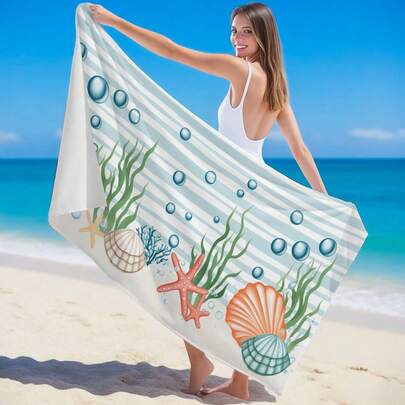 1 pieza Toalla de playa con estampado de estrella de mar, vida marina y coral. Toalla súper absorbente y de secado rápido para natación, manta de playa suave, adecuada para playa, natación, campamento al aire viajes, un elemento esencial para la playa.
