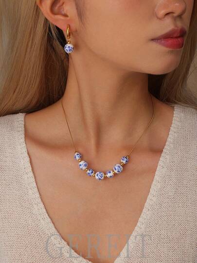GEREIT 3pcs Elegant Blue And White Porcelain Bead Pendant Necklace And Earrings Jewelry Set, 18K Gold Stainless Steel, Suitable For Women's Daily Wear, Mother's Day Gift