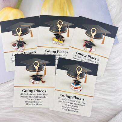 5pcs Gold Graduation Doctorate Cap Keychain Set, Keyring Packs With Inspirational Card (Includes Keychains) - Lobster Clasp, Durable Zinc Alloy | Ideal For Students, Colleagues, Friends | Suitable For Exams, Graduation, Daily Encouragement, Holidays, Long-Distance Care | Perfect Gift For Best Friends - Birthday, Christmas, Thanksgiving, Teacher's Day, Wedding, Graduation