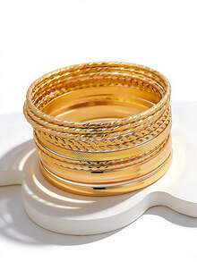 12pcs Fashionable Minimalist Alloy Bracelet & Bangle Set - Yellow Gold - View 1