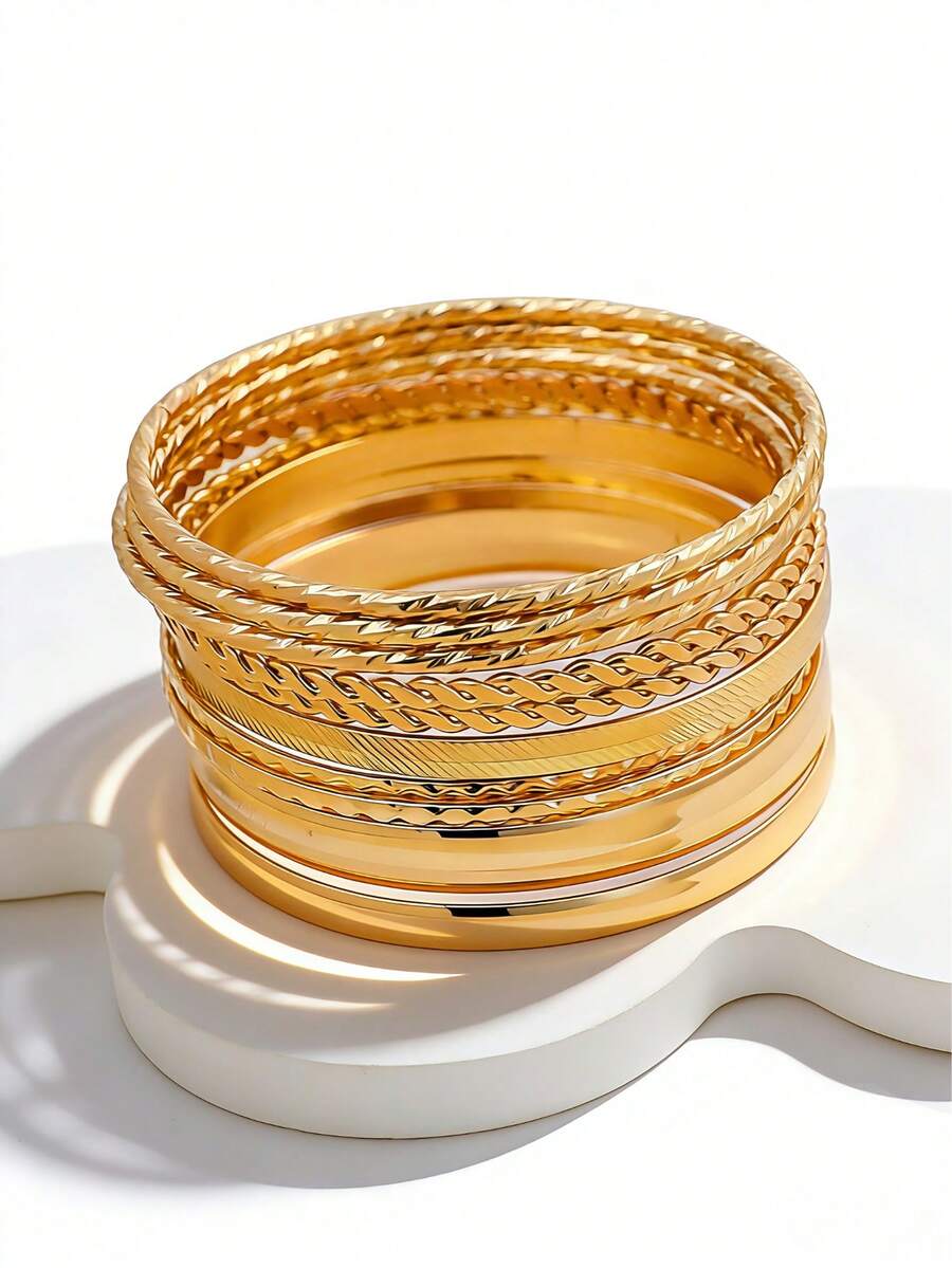 12pcs Fashionable Minimalist Alloy Bracelet & Bangle Set - Yellow Gold - View 1