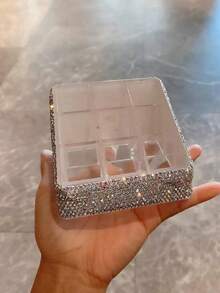 1pc Sparkling Rhinestone Lipstick & Nail Polish Display Box, 9-Grid Bathroom Vanity Makeup Organizer, Elegant Gift For Holidays - Silver - View 5
