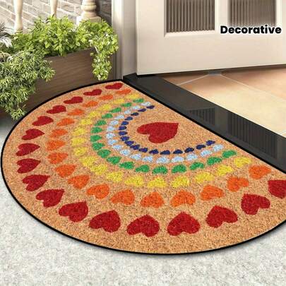 1pc Heart-Shaped Rainbow Pattern Half-Round Doormat, Washable, Non-Slip And Easy To Clean, Suitable For Kitchen, Dining Room, Hallway, Bathroom, Bedroom, Party, Patio Decor, Perfect Home Decoration
