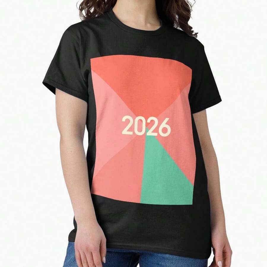 Minimalist 2026 Geometric Design In Coral And Mint Classic T-Shirt - 黑色 - 查看 1