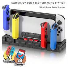 TOPWOLF Estación de carga de 4 ranuras para Joy-Con Switch con almacenamiento de 8 tarjetas de juego, negro/marrón/blanco - Ver 6