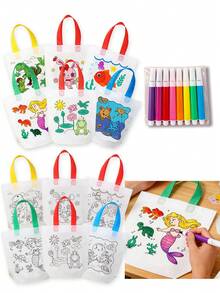 1 Set Random DIY Coloring Non-Woven Fabric Graffiti Bag, Includes 8 Watercolor Pens, Hand-Painted Double-Sided Waterproof Bag, Durable Packaging Bag, Suitable For Birthday Party Themes, Holiday Events, Games, Gifts, Gift Wrapping - View 1