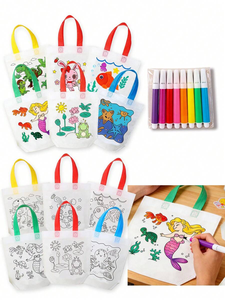 1 Set Random DIY Coloring Non-Woven Fabric Graffiti Bag, Includes 8 Watercolor Pens, Hand-Painted Double-Sided Waterproof Bag, Durable Packaging Bag, Suitable For Birthday Party Themes, Holiday Events, Games, Gifts, Gift Wrapping - View 1