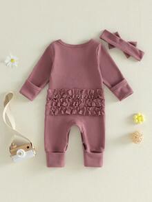 Baby Girls Romper Letter Embroidery Long Sleeve Round Neck Back Ruffled Jumpsuit with Bow Headband - Morado - Ver 3