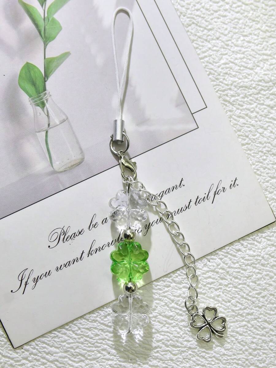 合金花系列元素 1 件装幸运四叶草手机挂绳，绿色水晶花珠金属四叶草吊坠，清新森林风格小众设计，多功能防丢装饰，适用于包包、汽车、钥匙，适合作为母亲节、节日、复活节、春季礼物送给母亲、家人、朋友，生日、节日、手机挂饰。