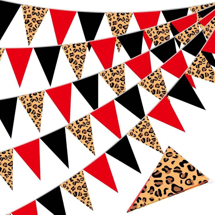 Tiger And Leopard Pattern Theme Party Triangular Flag Decoration Banner - Birthday Party, Family Farm, Red And Black Color Scheme, Rope Triangular Flag, Birthday Party Decoration Supplies, Materials - Baby - View 2
