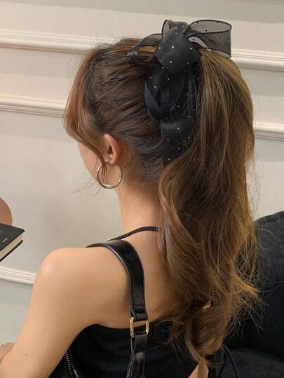 1pc Women's Starry Net Bow Ribbon Hair Clip, Sweet Elegant Satin Banana Hair Accessory, Suitable For Daily Wear