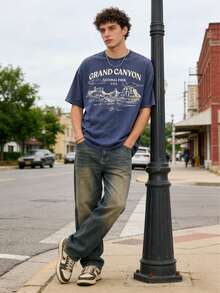 Men's Grand Canyon National Park Pattern T-Shirt -100% Cotton, Short Sleeved, Round Neck, Summer Casual Outdoor Clothing, Machine Washable - 藍色 - 查看 2