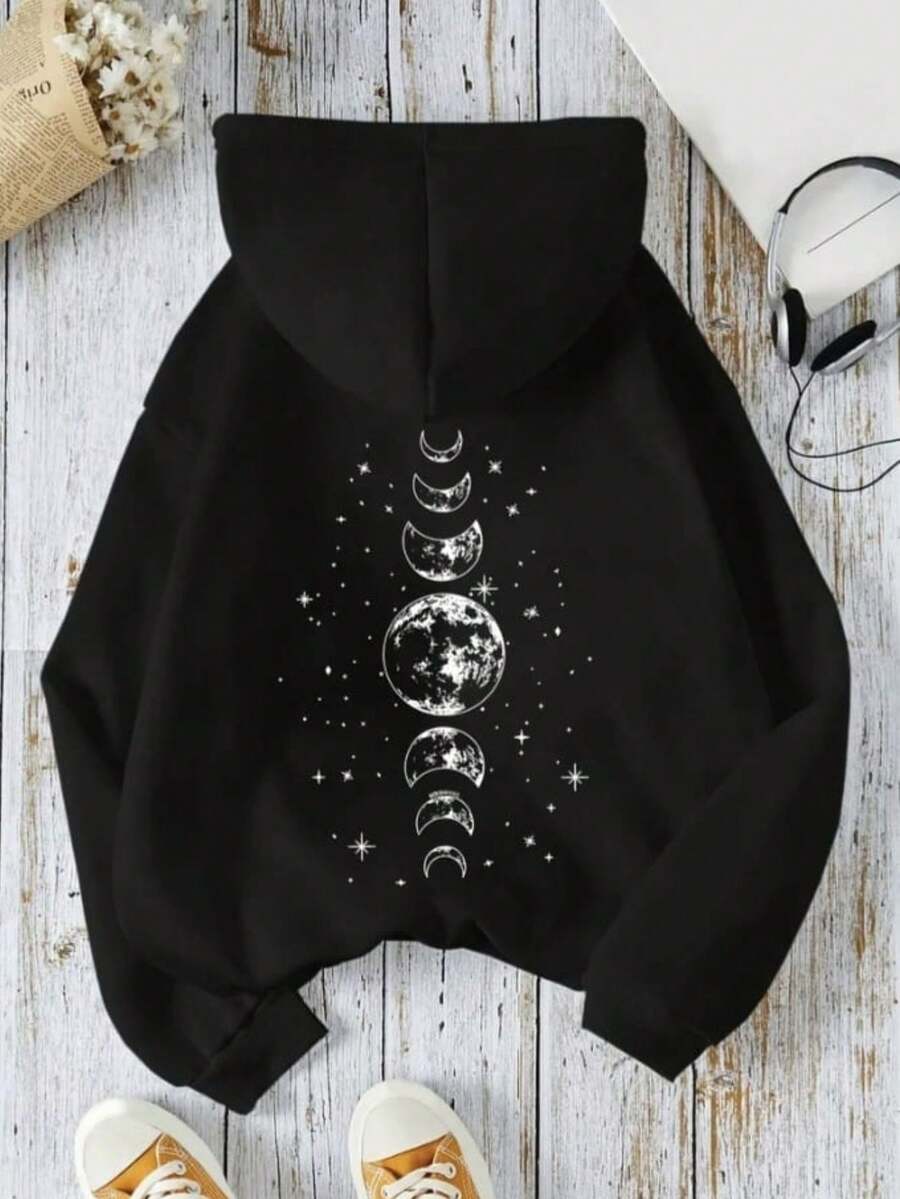 Women's Kangaroo Hoodie With Pocket And Hood, Casual Style, 100% Cotton Sweatshirt. - 黑色 - 查看 1