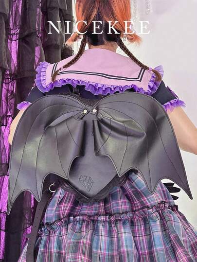 Ba lô cánh dơi màu trơn thời trang, túi hình trái tim cá tính phong cách Punk, túi đeo vai cỡ lớn viền ren kiểu Gothic độc đáo, phù hợp cho mua sắm, đi chơi hàng ngày và các lễ hội.