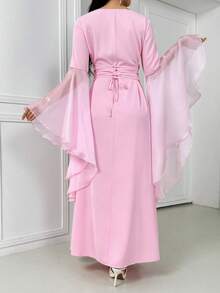 女士粉色方领喇叭袖褶皱优雅连衣裙，奢华卡夫坦长袍/阿巴雅长袍，婚礼派对礼服，婚礼宾客服装，夏季度假服装 - 粉色 - 查看 2