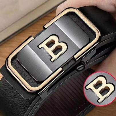 Premium Men's Zinc Alloy Letter Automatic Buckle Belt, Suitable For Casual Pants And Versatile Minimalist Trousers, With Random Pattern Design (Note: Storage Box Not Included)